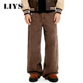 American Retro Men's Brown Casual Baggy Wide Leg Jeans Korean Cartoon Elephant Embroidery Loose Wide Leg Denim Pants Unisex
