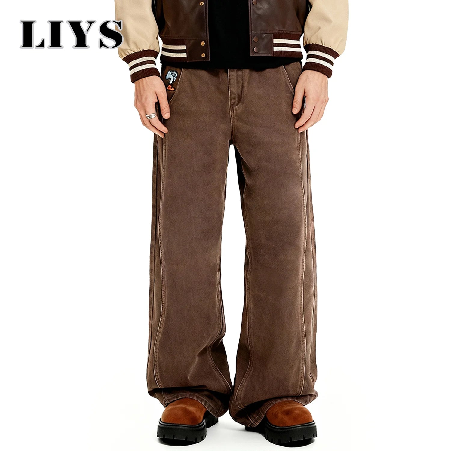 American Retro Men's Brown Casual Baggy Wide Leg Jeans Korean Cartoon Elephant Embroidery Loose Wide Leg Denim Pants Unisex