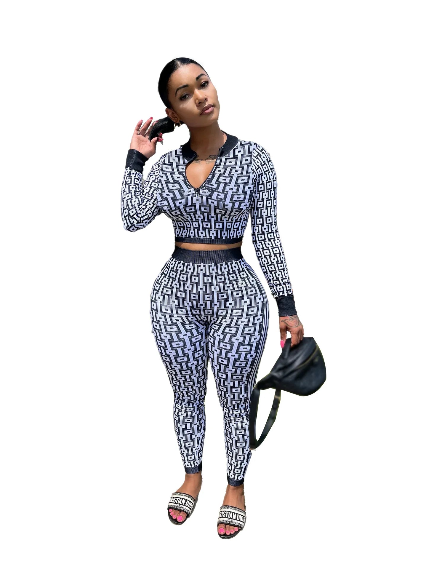 Autumn And Winter Women's Stretch Knitted Printed Women's Suit Long-sleeved Tight Sports Yoga Two-piece Set For Women