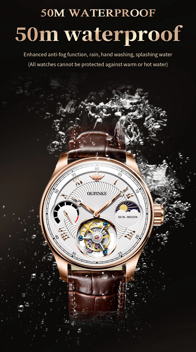 OUPINKE Men's Watch Top Luxury Fashion Original Tourbillon Mechanical Watch for Man Leather Strap Sapphire Mirror Moon Phase