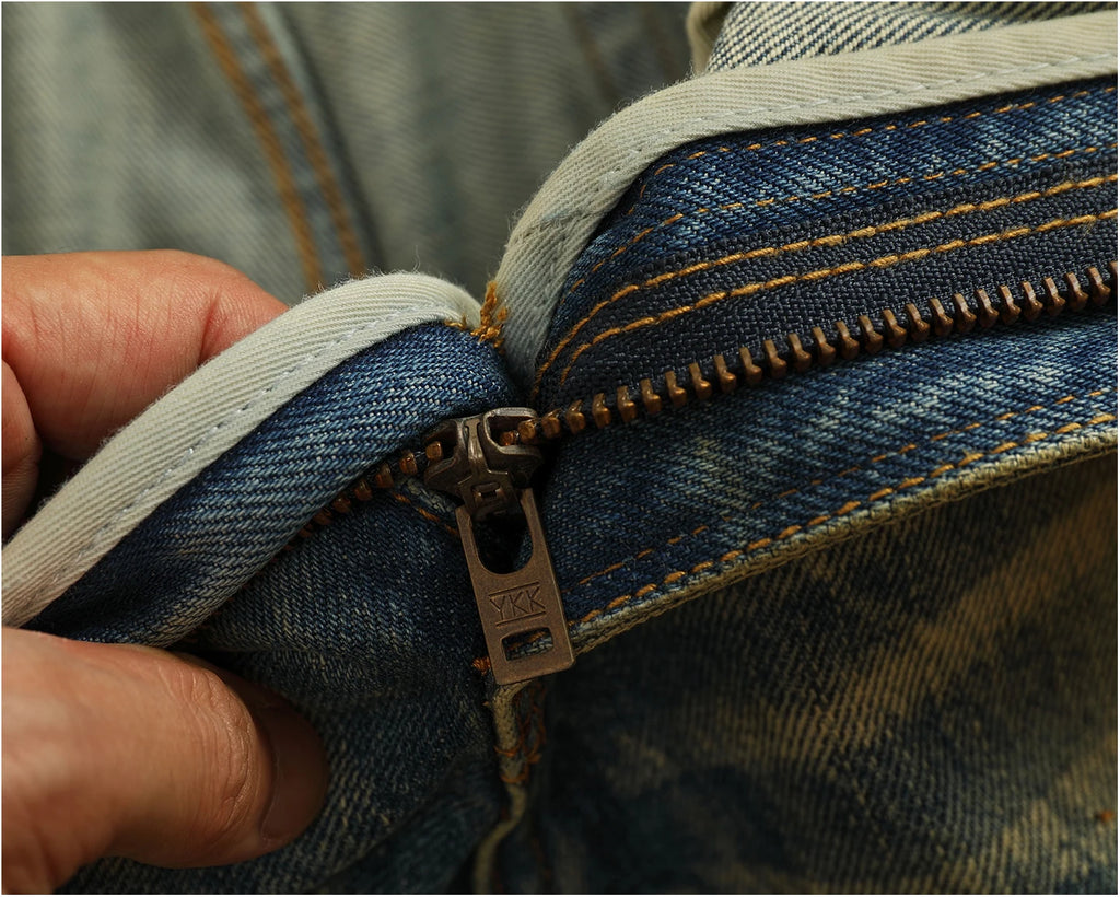 2025 Autumn New American Retro Heavyweight Ripped Denim Men's Fashion 100% Cotton Washed Old Straight Tapered Casual Jeans