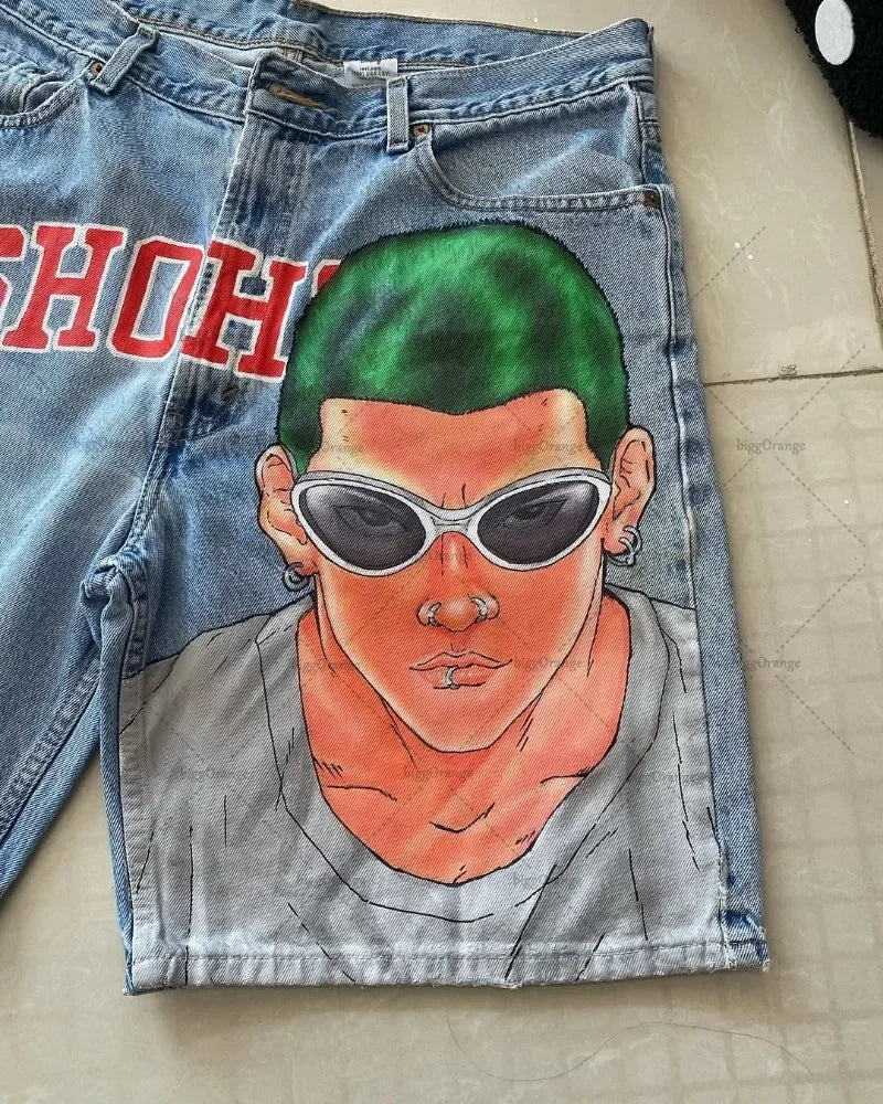 Retro American Trendy Streetwear Y2K Harajuku Anime Printed Denim Shorts Men Gothic Hip-hop Punk Loose Casual Straight Pants