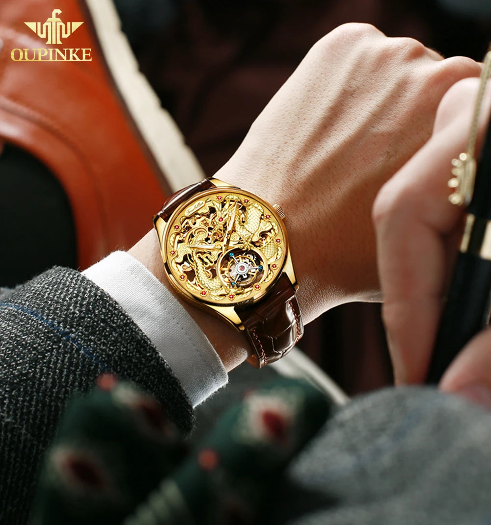 100% OUPNKE 3176 Authentic Tourbillon Men Watch Luxury 3D Relief Golden Dragon Watch Original Mature Automatic Mechanical Watch