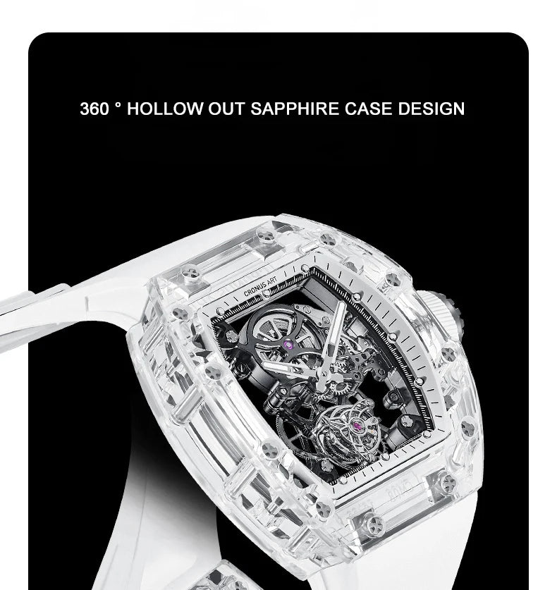 CRONUSART Men Tourbillon Watch Luxury Tonneau Automatic Mechanical Wristwatch Sapphire Case Luminous Fluororubber Strap Skeleton