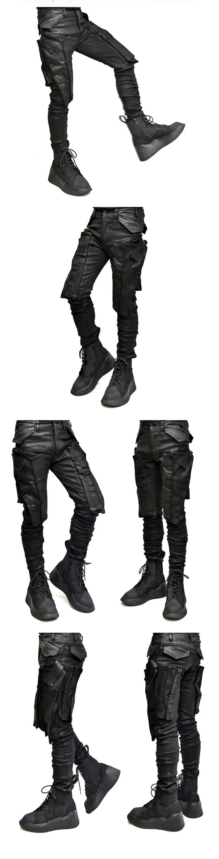 Dark Multi Pockets Function Cargo Pants Slim Fit Elastic Casual Joggers Trousers Men