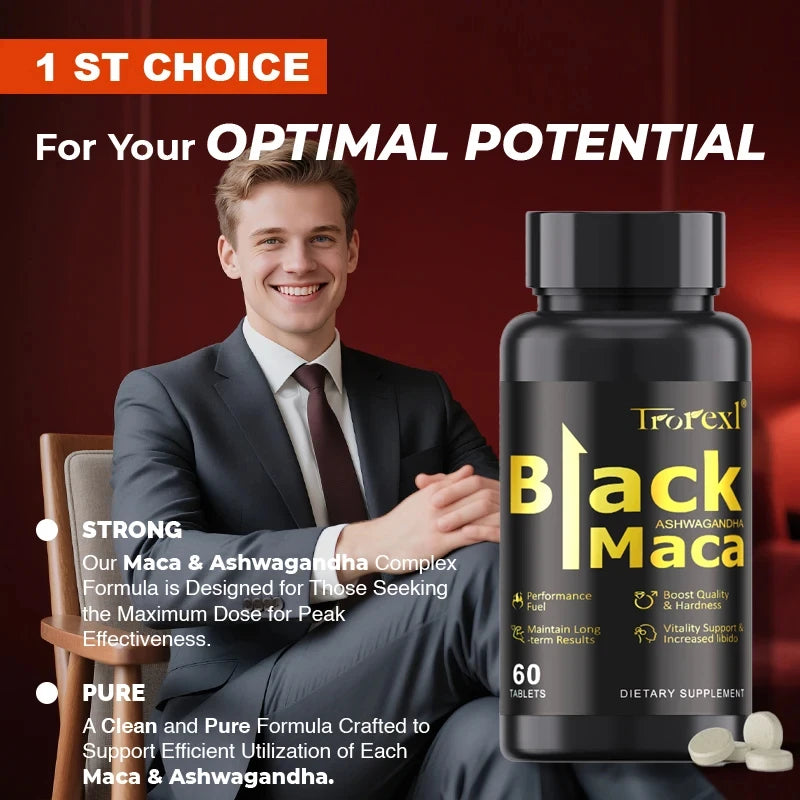 TOP STRENGTH Black Maca Ashwagandha Tablets for Men Potency| Natural Energy + Stamina Booster | 60 Caps