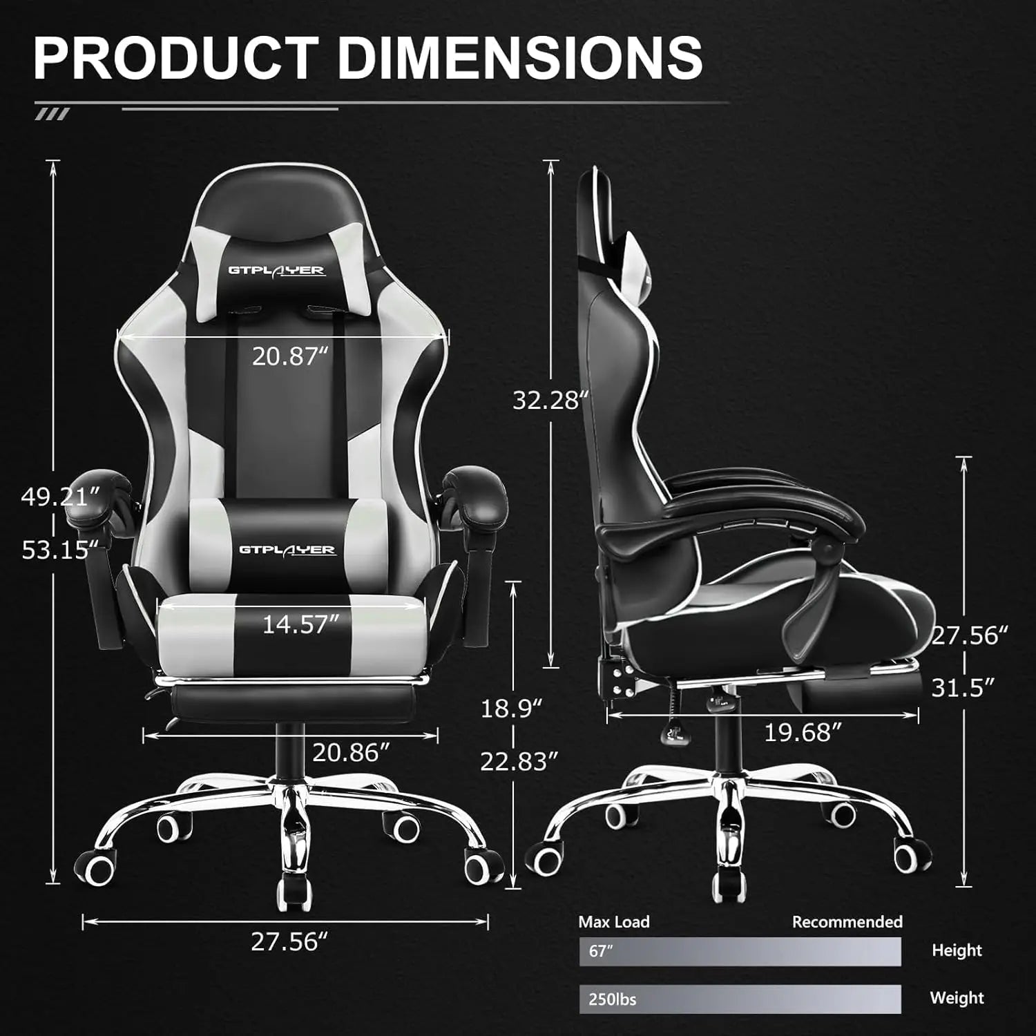 GTPLAYER Gaming Chair with Footrest Lumbar Support 360 Swivel Height Adjustable Computer Game Chair