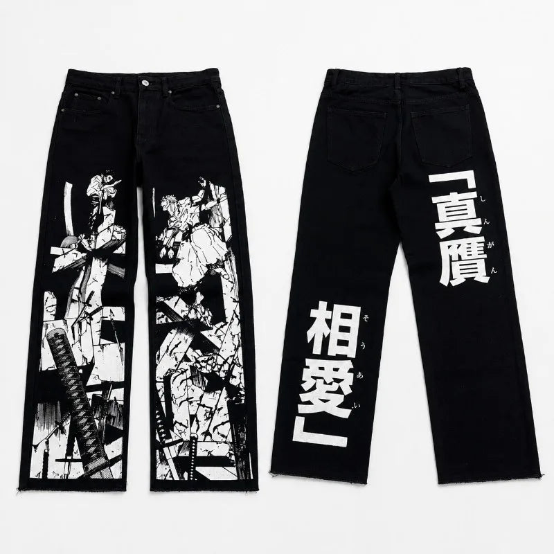 Anime Print Baggy Jeans Men Harajuku Hip Hop Black Denim Pants Streetwear Y2K Manga Graphic Wide Leg Trousers Gothic Clothes