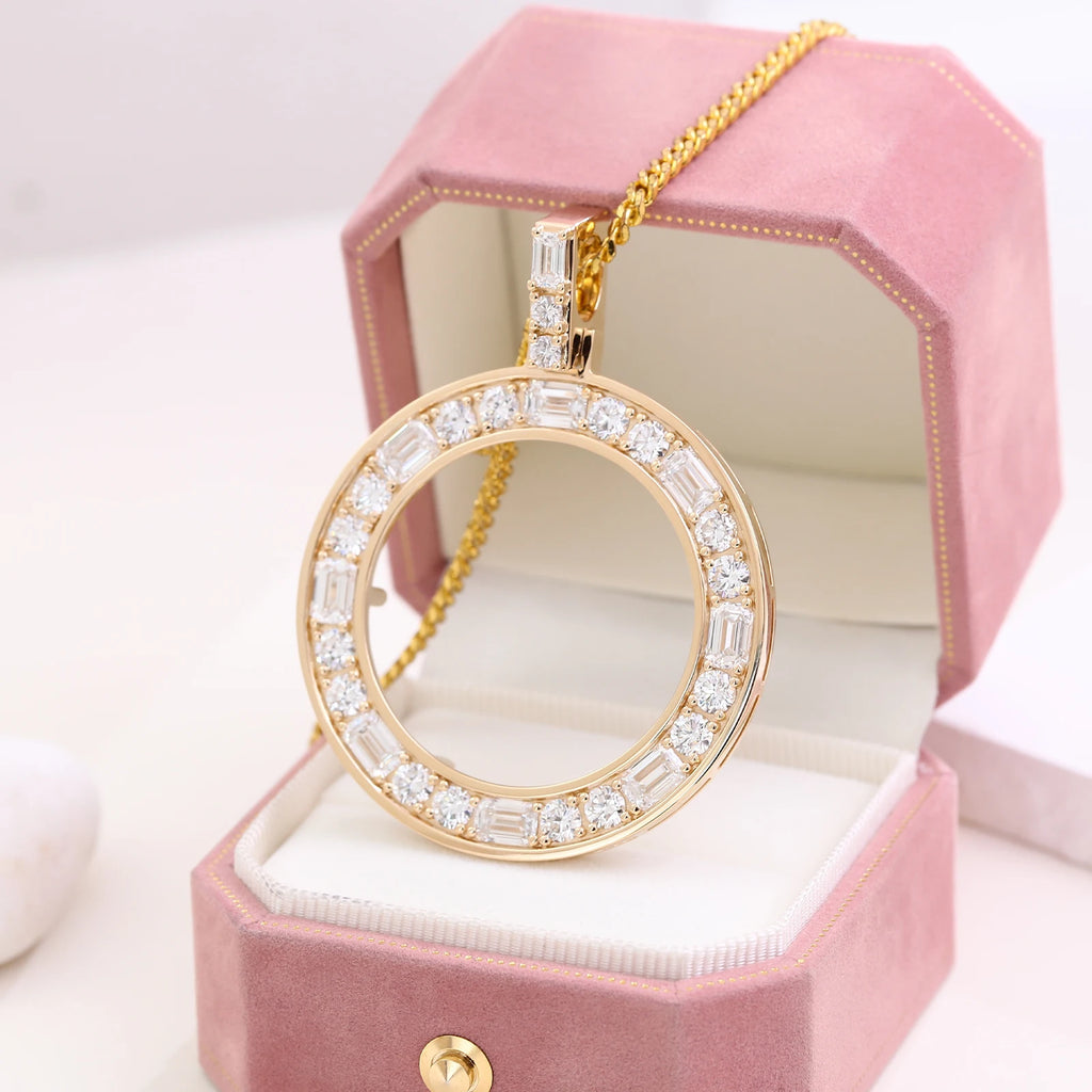 Provence jewelry 10K/14K gold memento coin pendant emerald cut lab diamond round pendant birthday Anniversary gift for boyfriend