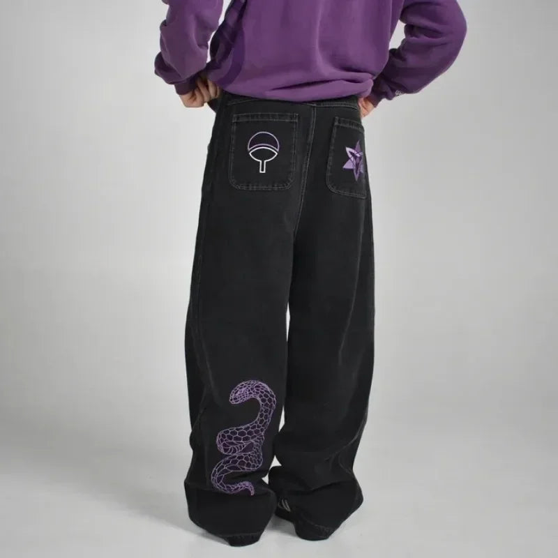 Y2K Baggy Jeans Men Anime Patterns Goth Hip Hop Pants Retro Harajuku Fashion Streetwear Wide Leg Jeans Aesthetic Casual Trousers