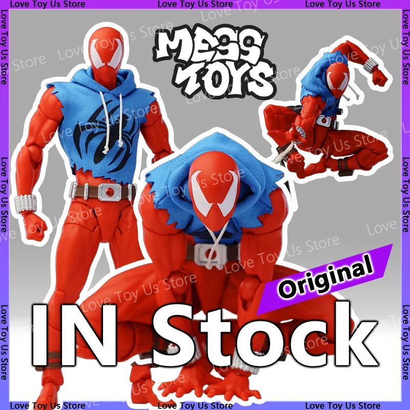 Original Mess Toys Scale Spider Man Action Figures Kids Toy Mafex ML Scarlet Spiderman in Vest & Hoodie Cloth Outfit Model Gift