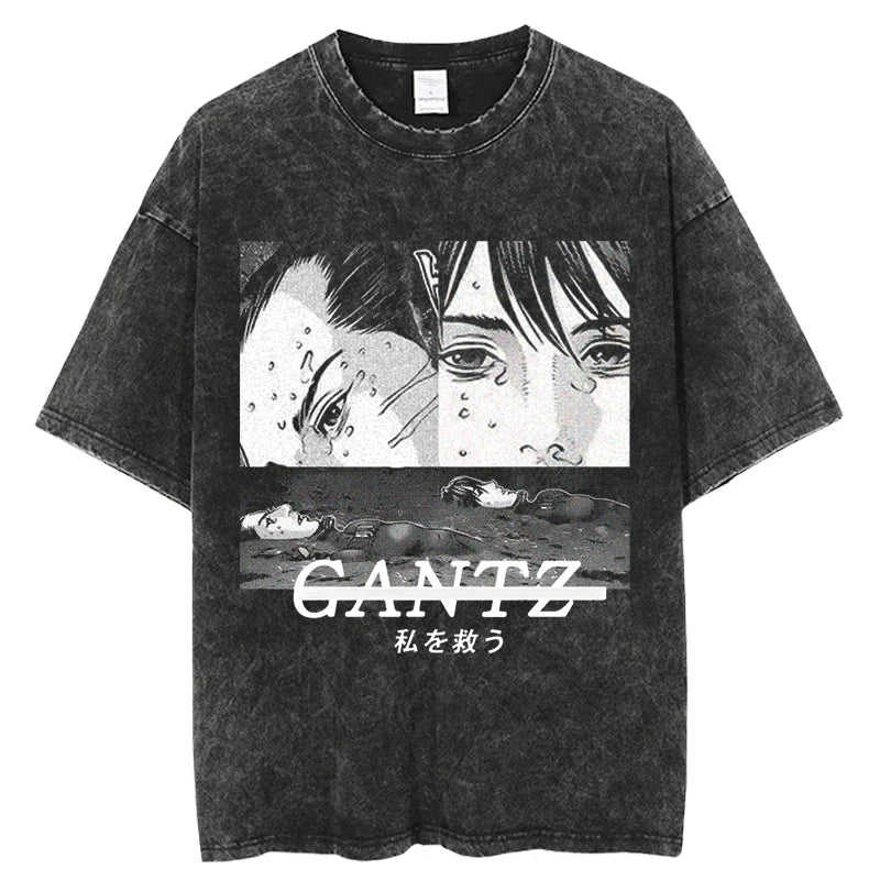 Punk GANTZ Anime T Shirt Men Vintage Washed 100% Cotton T Shirts for Men 2024 Punk Hip Hop Streetwear Harajuku Male T-shirt