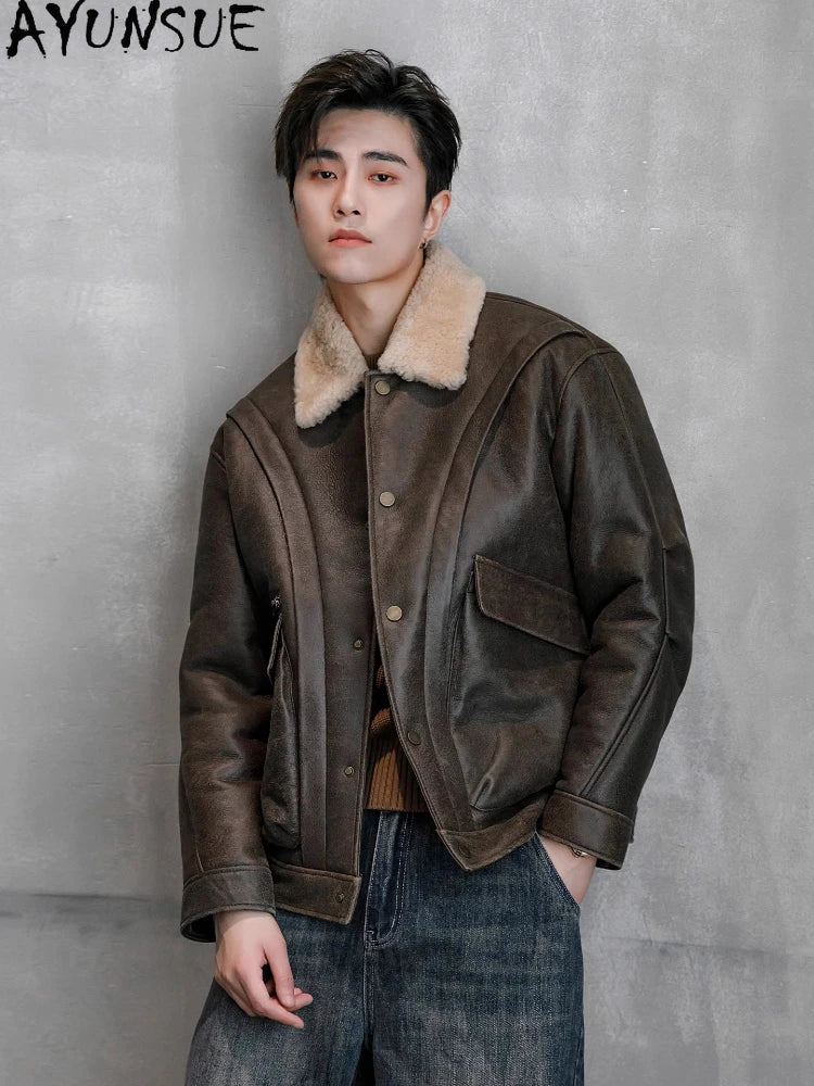 AYUNSUE Natural Sheepskin Fur Coat Men Autumn Winter New Short Real Wool Man Vintage Leather Jacket Motorcycle Fur Coats Jackets