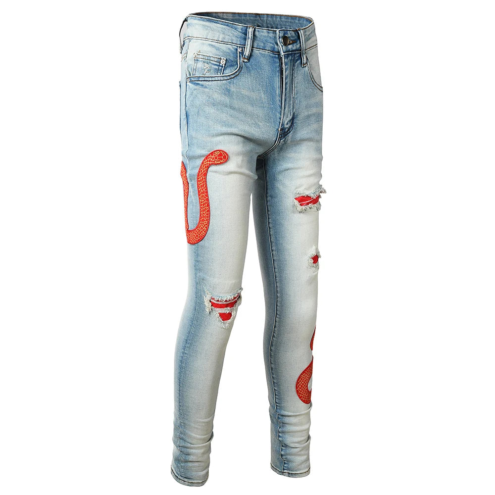 Men's Snake Embroidery Skinny Jeans Streetwear Red Leather Patch Pants Holes Ripped Distressed Denim Tapered Trousers