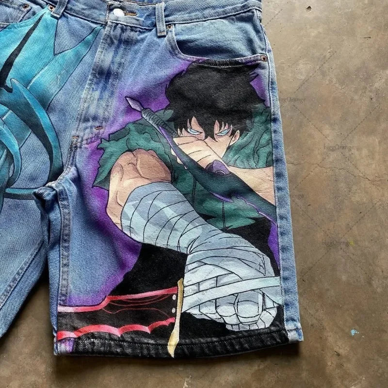 Retro American Trendy Streetwear Y2K Harajuku Anime Printed Denim Shorts Men Gothic Hip-hop Punk Loose Casual Straight Pants
