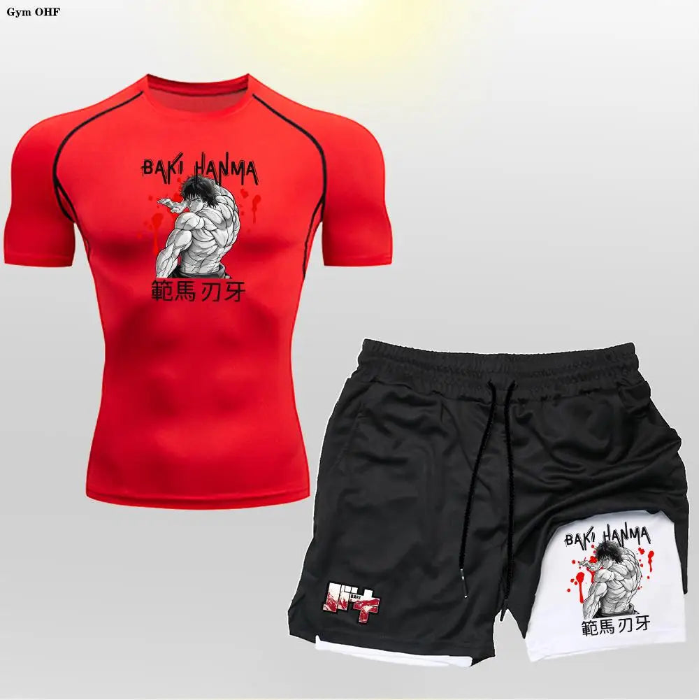 Anime Baki Sport Suits Runing Compression Shirt Shorts Sets Gym Fitness Jogging Training Rashguard Sportwear 2 in 1 Mens