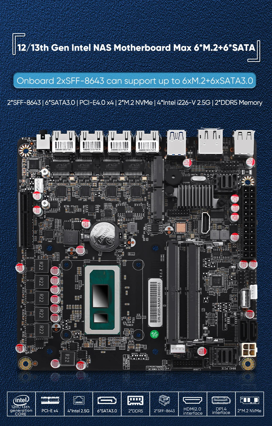 NAS Motherboard i5-12450H Pentium 8505 4*i226 Lan 6*SATA3.0 DDR5 Mini ITX Soft Router VPN Openwrt Micro Appliance DIY SFF-8643