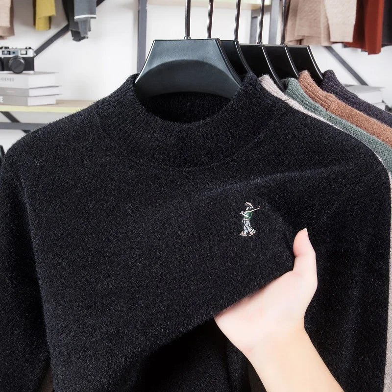 Luxury brand men's round neck knitted sweater fashion cartoon embroidery comfort warm plush autumn winter casual golf pullover