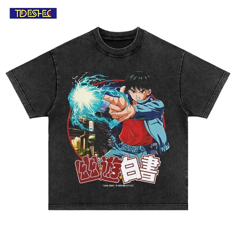 Harajuku Fashion Anime 2025 Oversized Vintage T-Shirt Trend Hip Hop Printed Streetwear Washed Leisure Cotton Loose Men Tshirt