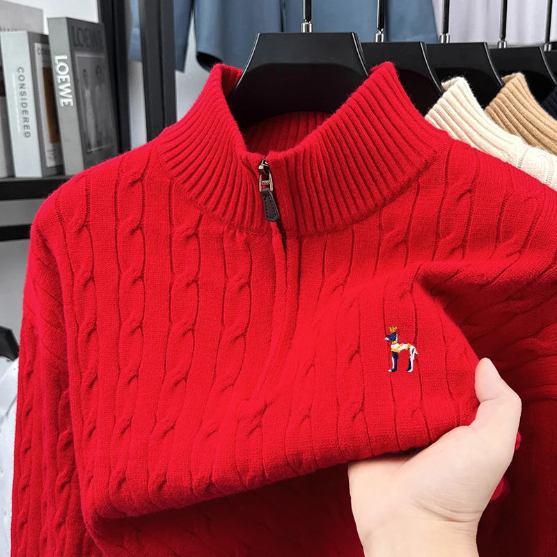 High end brand fashion jacquard sweater cartoon dog embroidery zipper semi high neck autumn winter warm men's knitted pullover