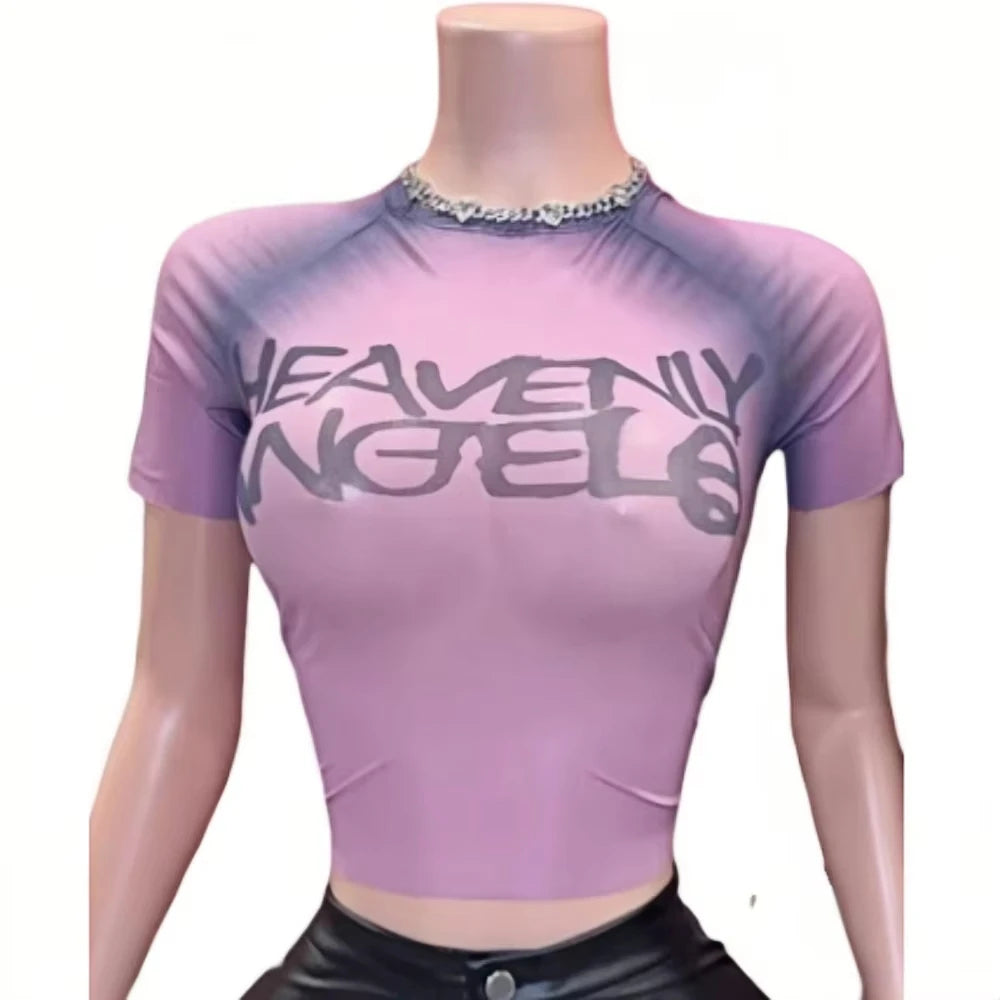HLJ&GG American Vintage Fashion Letter Mesh See Though Two Piece Sets Women O Neck Short Sleeve Slim Crop Top And Pants Outfits