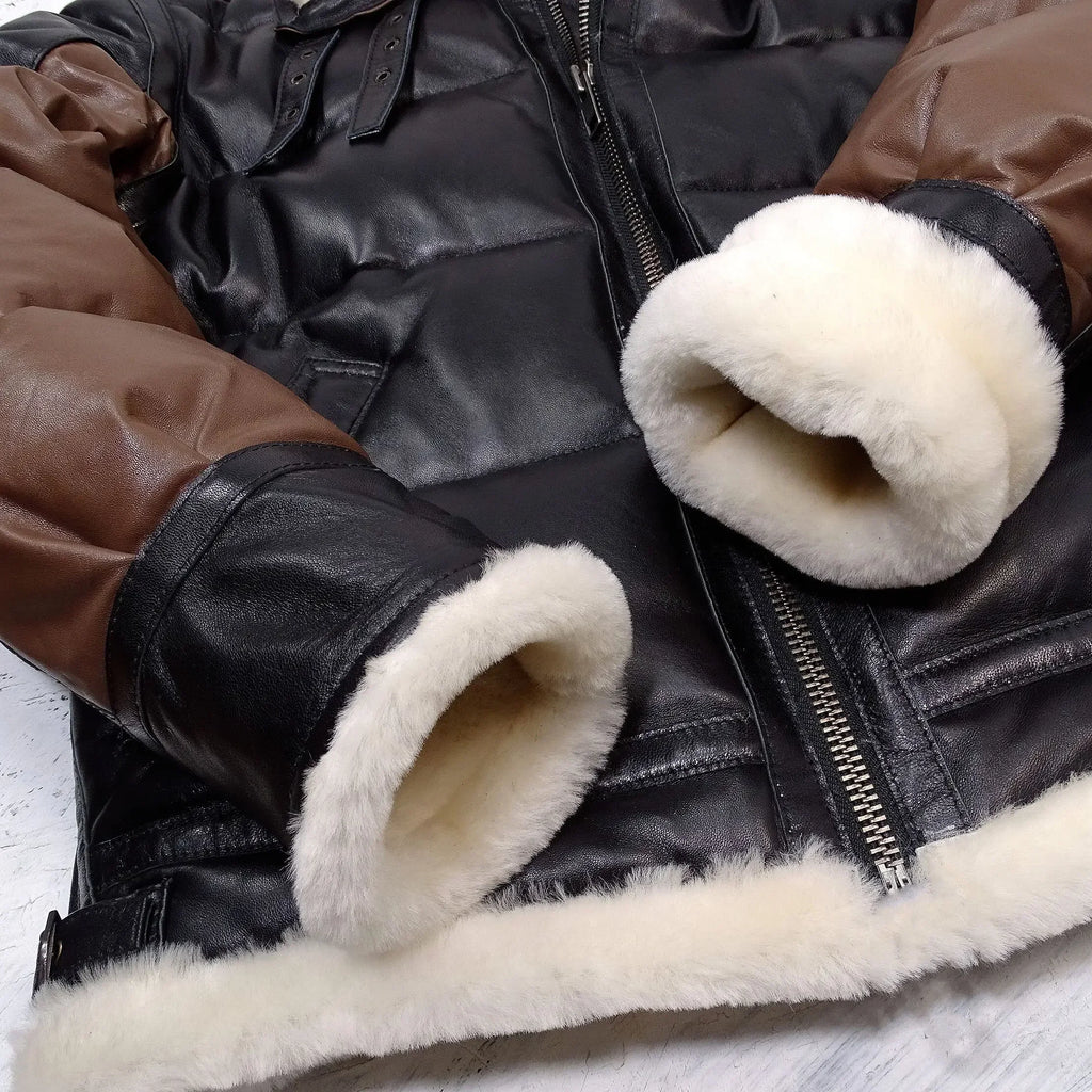2024 Men's Winter Fashion Duck Down Coat Genuine Leather Sheepskin Cow Jacket for Male Brown Black Patchwork Plus Oversized 4XL