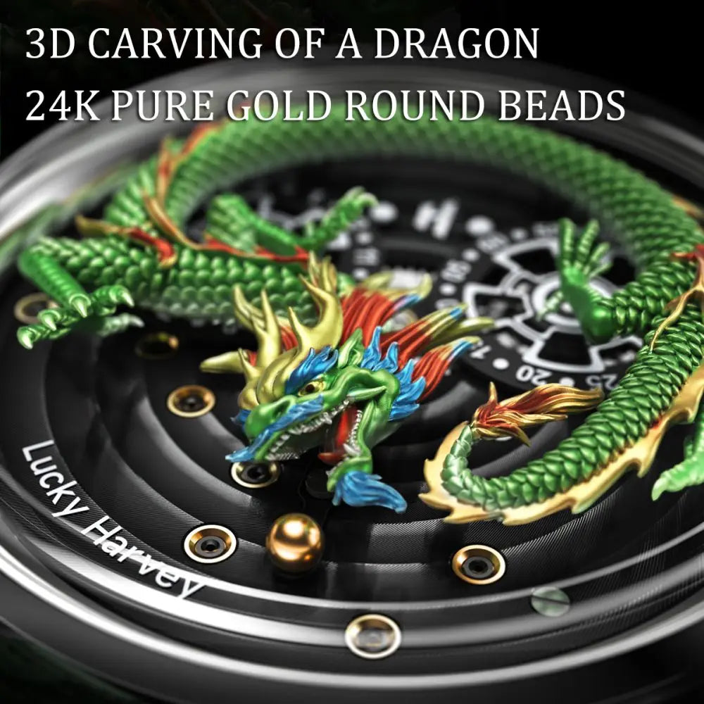 Lucky Harvey Automatic mechanical movement watches for men Synthetic sapphire 3D  Engraving Chinese dragon dial waterproof watch