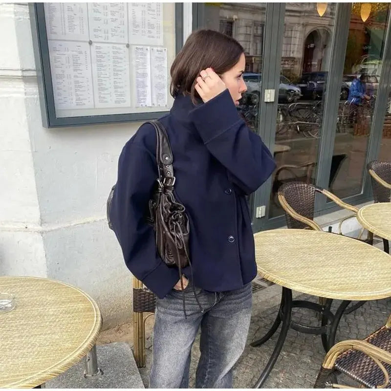 Urban Black Woolen Blend Coats Women Stand Collar Single-breasted Long Sleeve Thick Warm Jacket 2025 Autumn Winter Lady Outwear