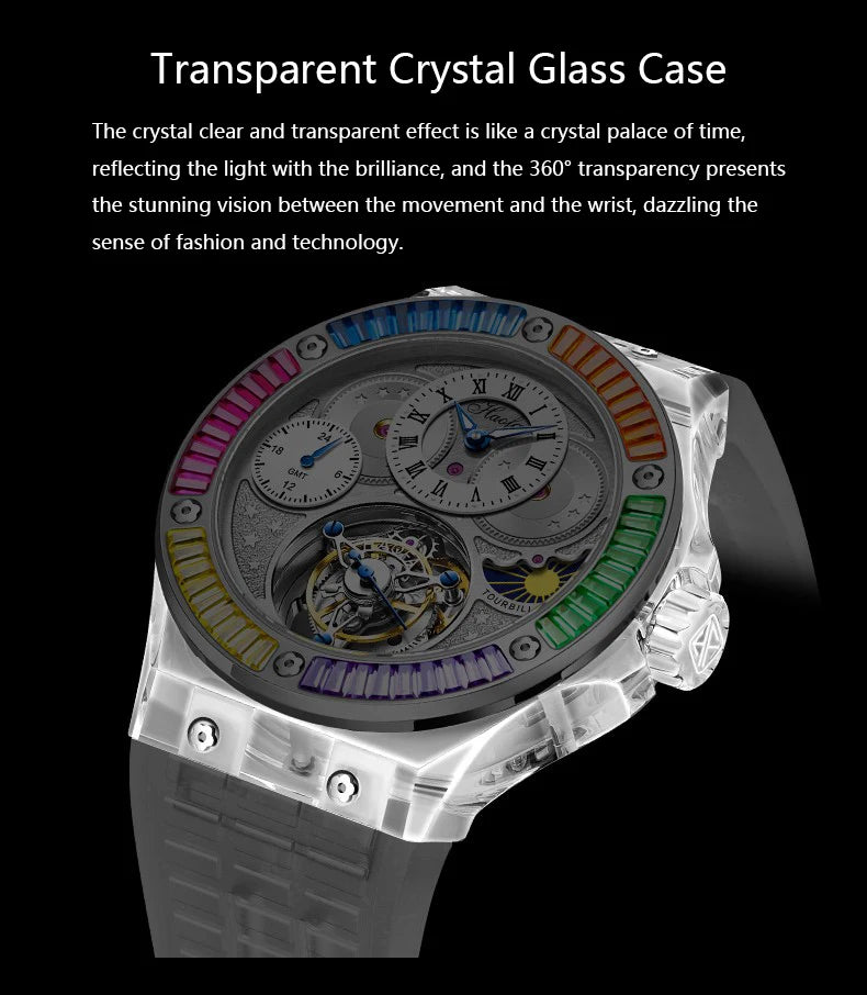 Haofa GMT Tourbillon Man Watch 2101 Luxury Rainbow Crystal Day And Night Manual Tourbillon Mechanical Men Watches Sapphire