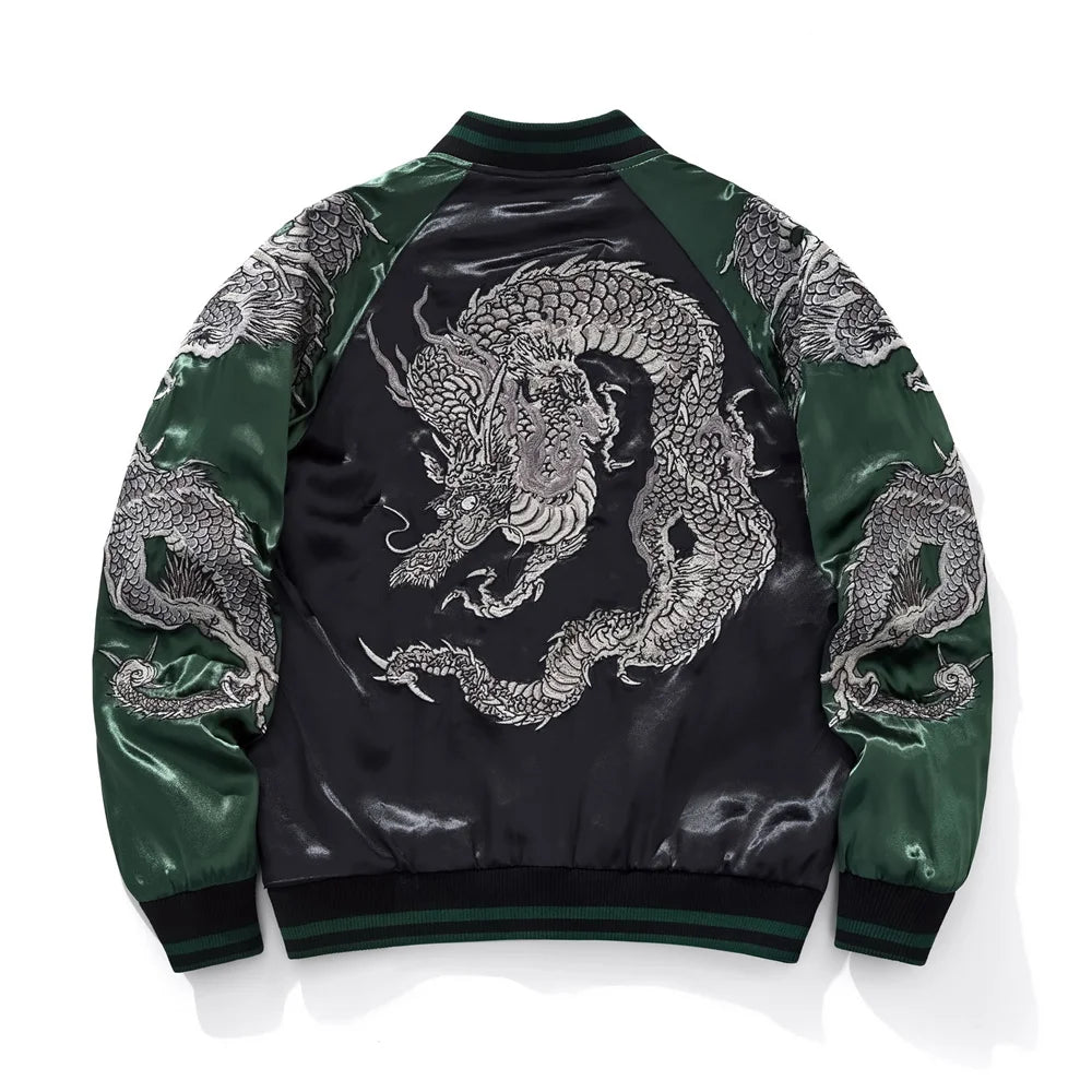 Harajuku Yokosuka Dragon Embroidered Jacket Autumn Street Hip Hop Men's Green Sleeve Japanese Coat