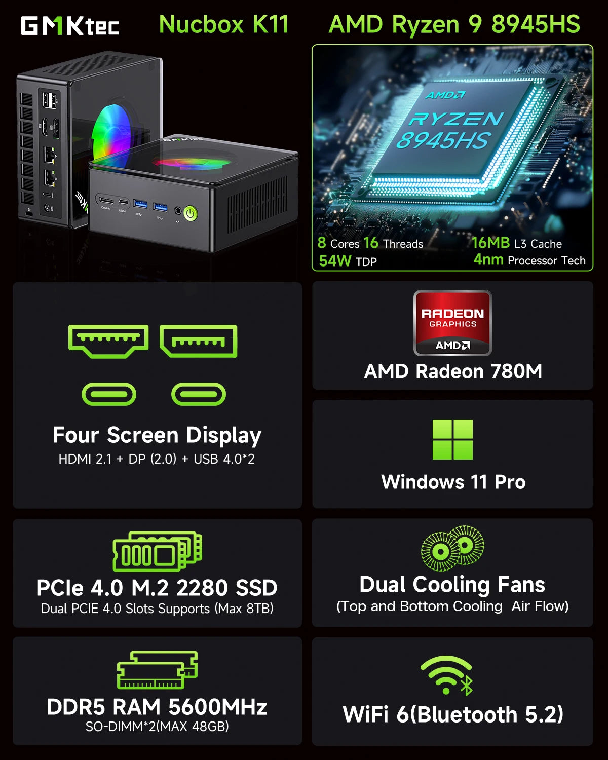 GMKtec Mini PC K11 AMD R9 8945HS Gaming Mini PC 32GB DDR5 1TB SSD Computer PC Mini Computer PC Win11 Pro Gaming PC