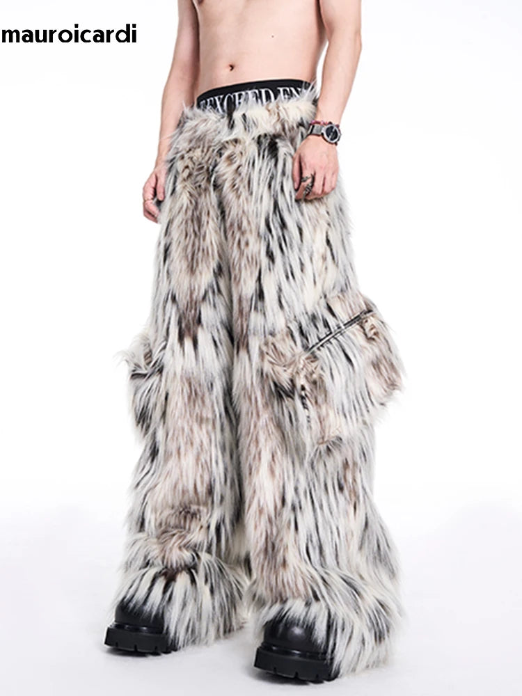 Mauroicardi Autumn Winter Long Colorful Thick Warm Hairy Fluffy Faux Fur Wide Leg Pants Men Pockets Runway Fashion Streetwear