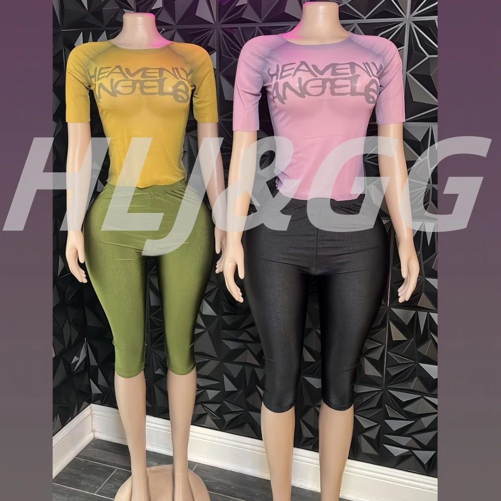 HLJ&GG American Vintage Fashion Letter Mesh See Though Two Piece Sets Women O Neck Short Sleeve Slim Crop Top And Pants Outfits
