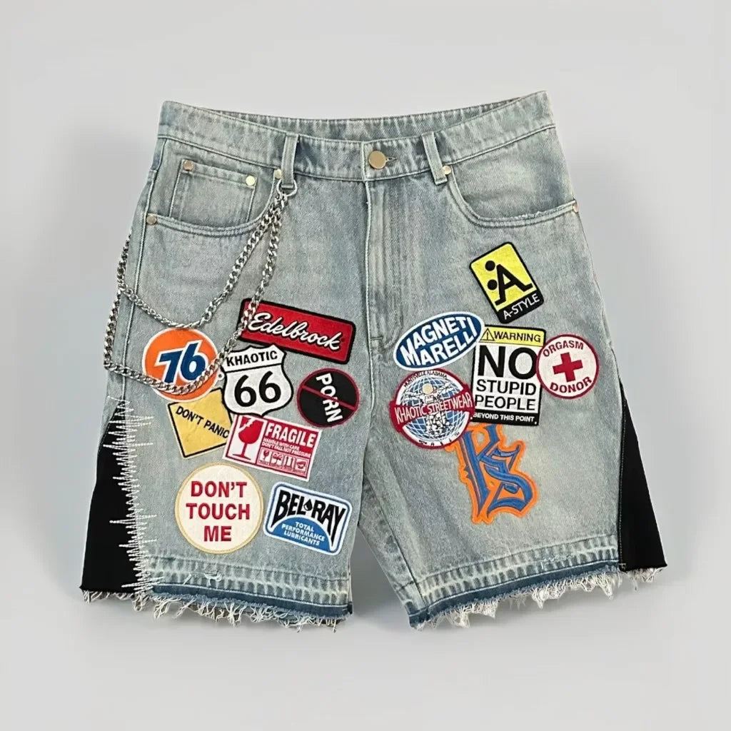 Hip Hop Retro Camo Patchwork Denim Shorts Streetwear Y2K Jeans Men Women Cartoon Graphics Loose Denim Fitness Casual Shorts