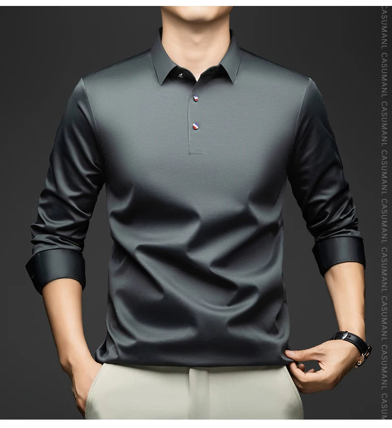 BROWON 2025 Spring Autumn Casual Work Tops Man Tshirt Long Sleeve Solid Color Soft Elegant Business Mulberry Silk T Shirt Man