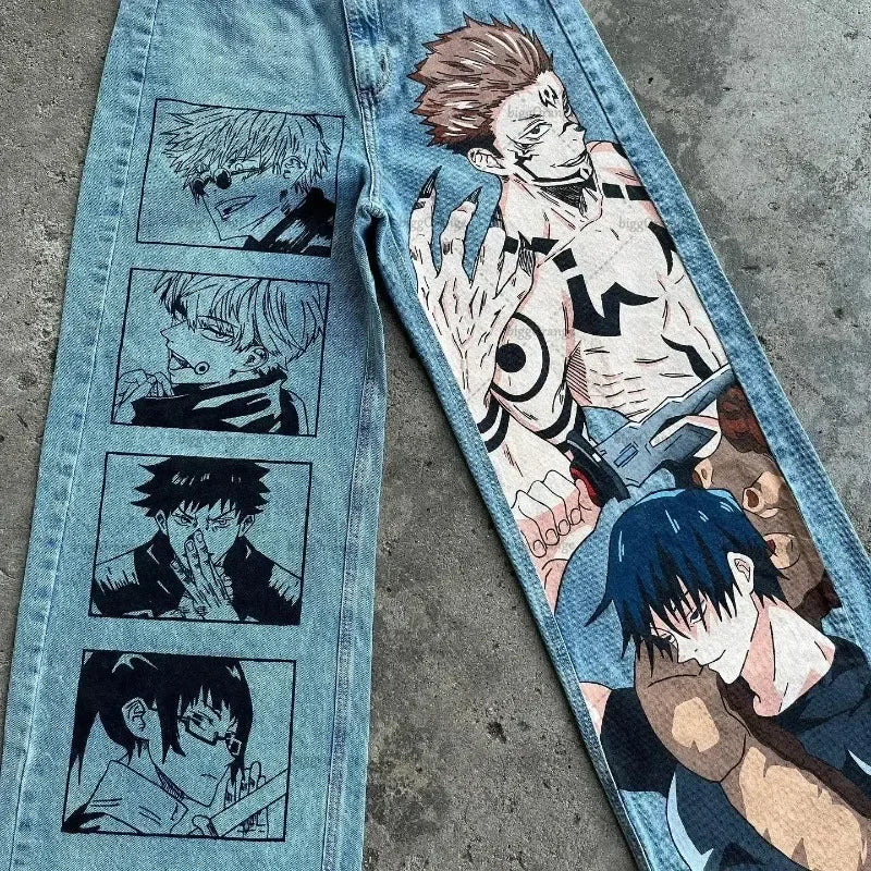 Hip Hop Y2K baggy jeans Anime  print pattern Vintage Streetwear fashion Harajuku men women high waisted Casual wide leg jeans