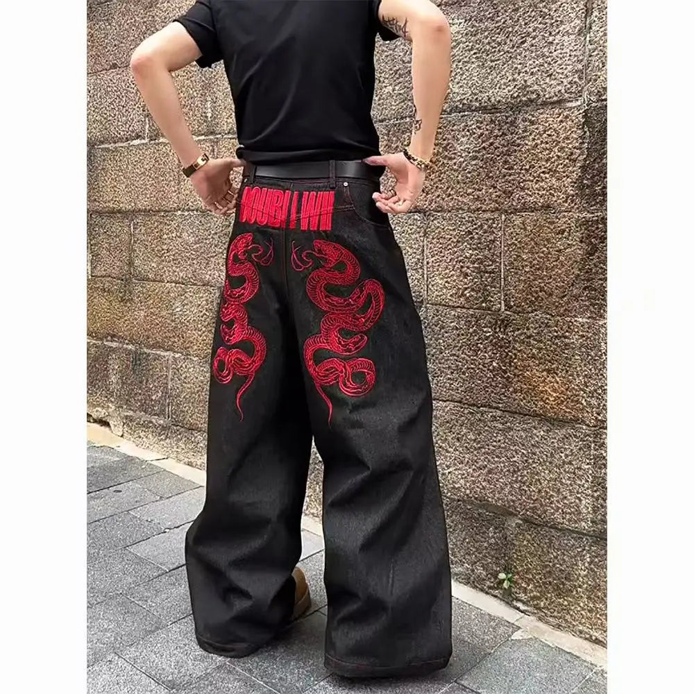 American Black New Retro Oriental Animal Print Fashion Loose Jeans Men And Women High Waist Hip-Hop Casual Straight Pants