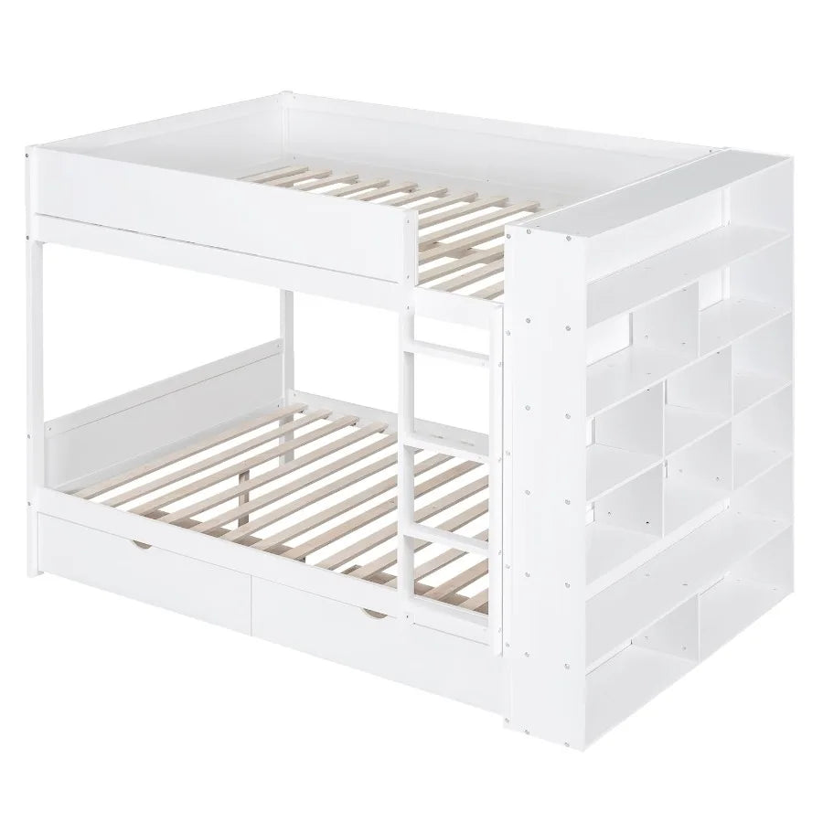 Full over Full Bunk Bed With 2 Drawers and Multi-layer Cabinet White