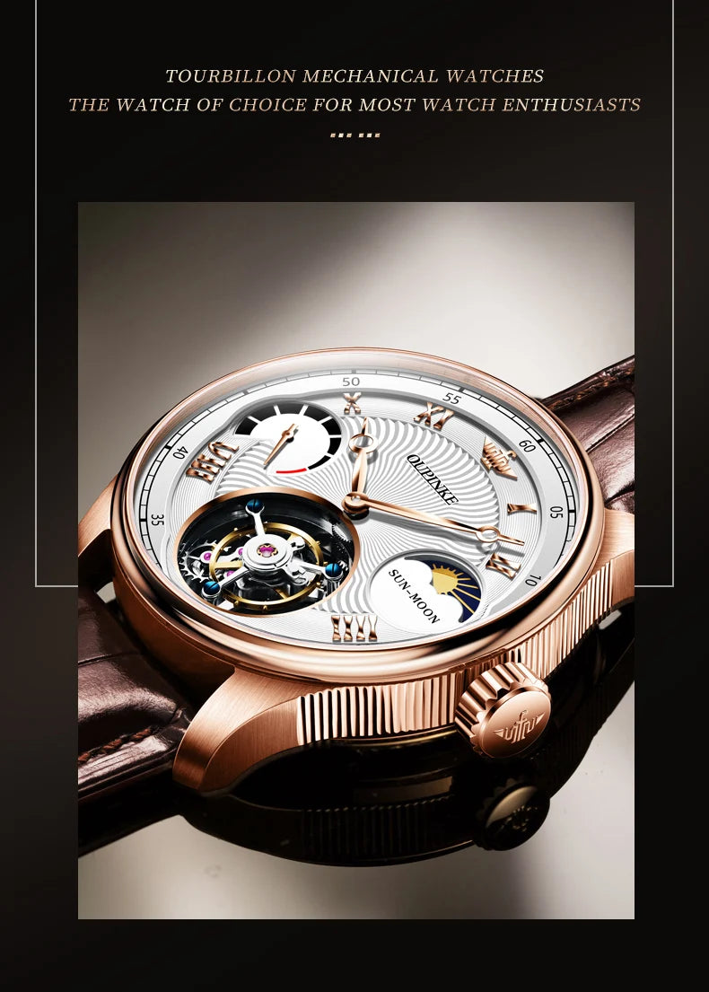 OUPINKE Men's Watch Top Luxury Fashion Original Tourbillon Mechanical Watch for Man Leather Strap Sapphire Mirror Moon Phase