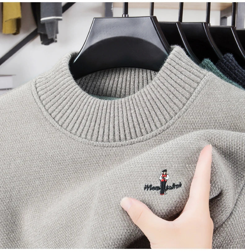 Light luxury brand round neck sweater knitted plush thicken warm pullover cartoon character embroidery fashion golf men's wear