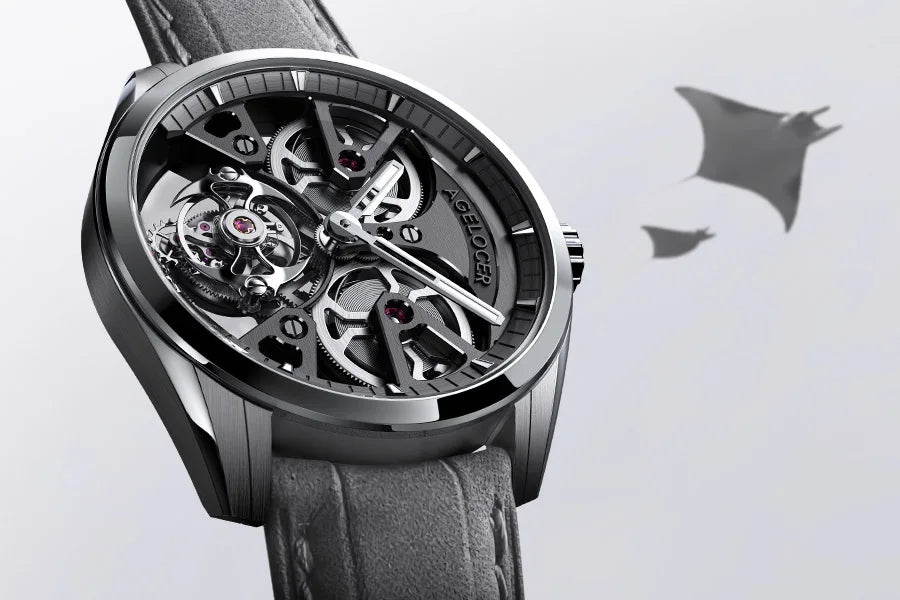 AGELOCER Free-sprung Balance Manta Tourbillon Watch Gold Watch Men's Luxury Skeleton Manual Mechanical Watch Gifts for Men