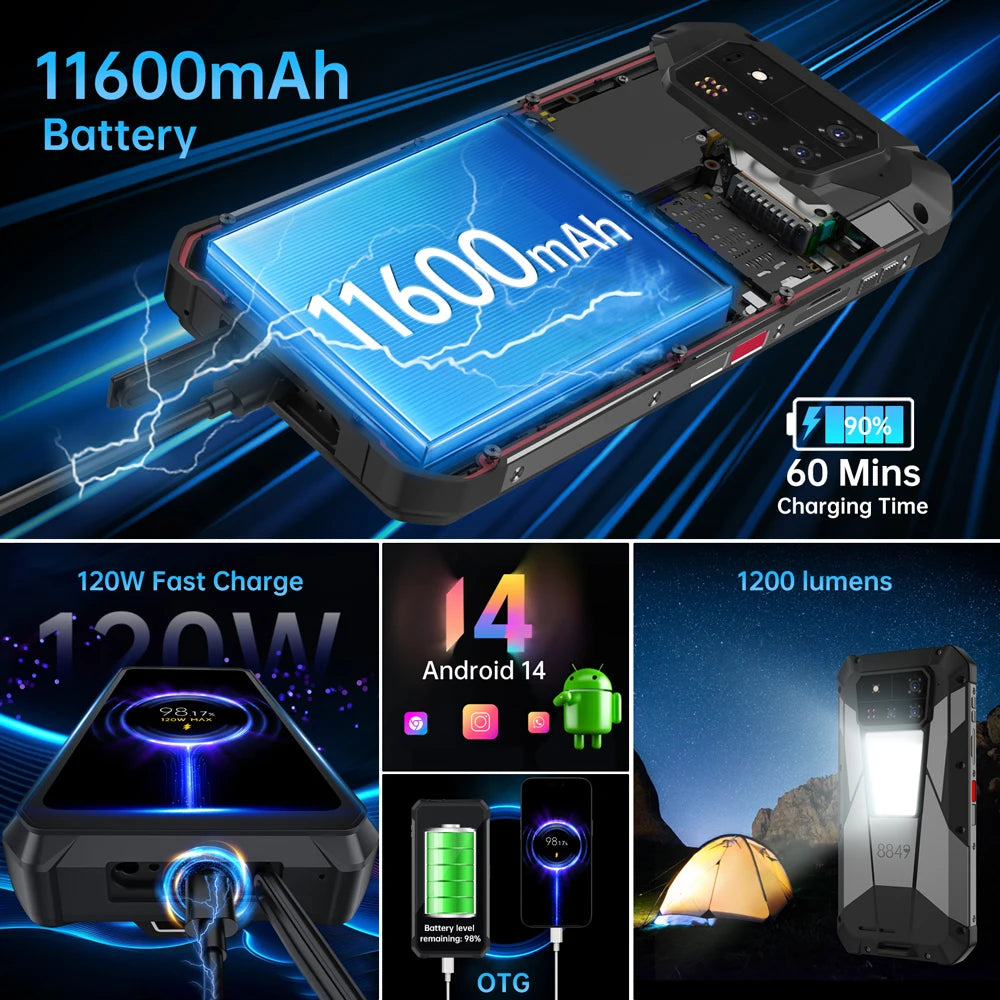 Unihertz by 8849 Tank 4 pr Smartphone 5G with 720P Projector 512GB 1TB Dimensity 8300 CPU 6.73" 3k AMOLED 11600mAh Android 14