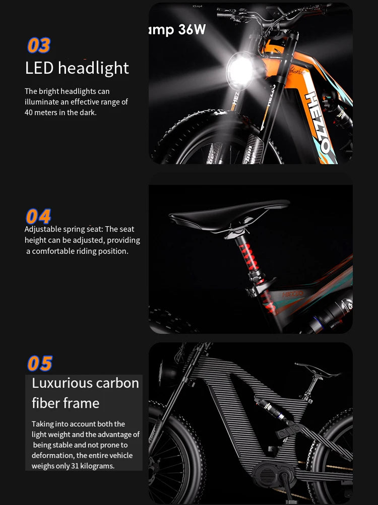52V 1000W Carbon Fiber E-Bike Mid-Drive Electric Bicycle with 21Ah Lithium Battery Wide-Tire 9-Speed Eco-Friendly Bike