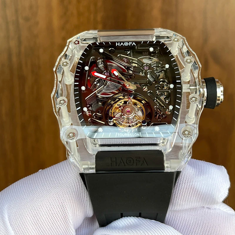 Haofa Automatic Tourbillon Skeleton Man watch Luxury Self Wind Flying Mechanical Tourbillon K9 Crystal Watches for man 2201