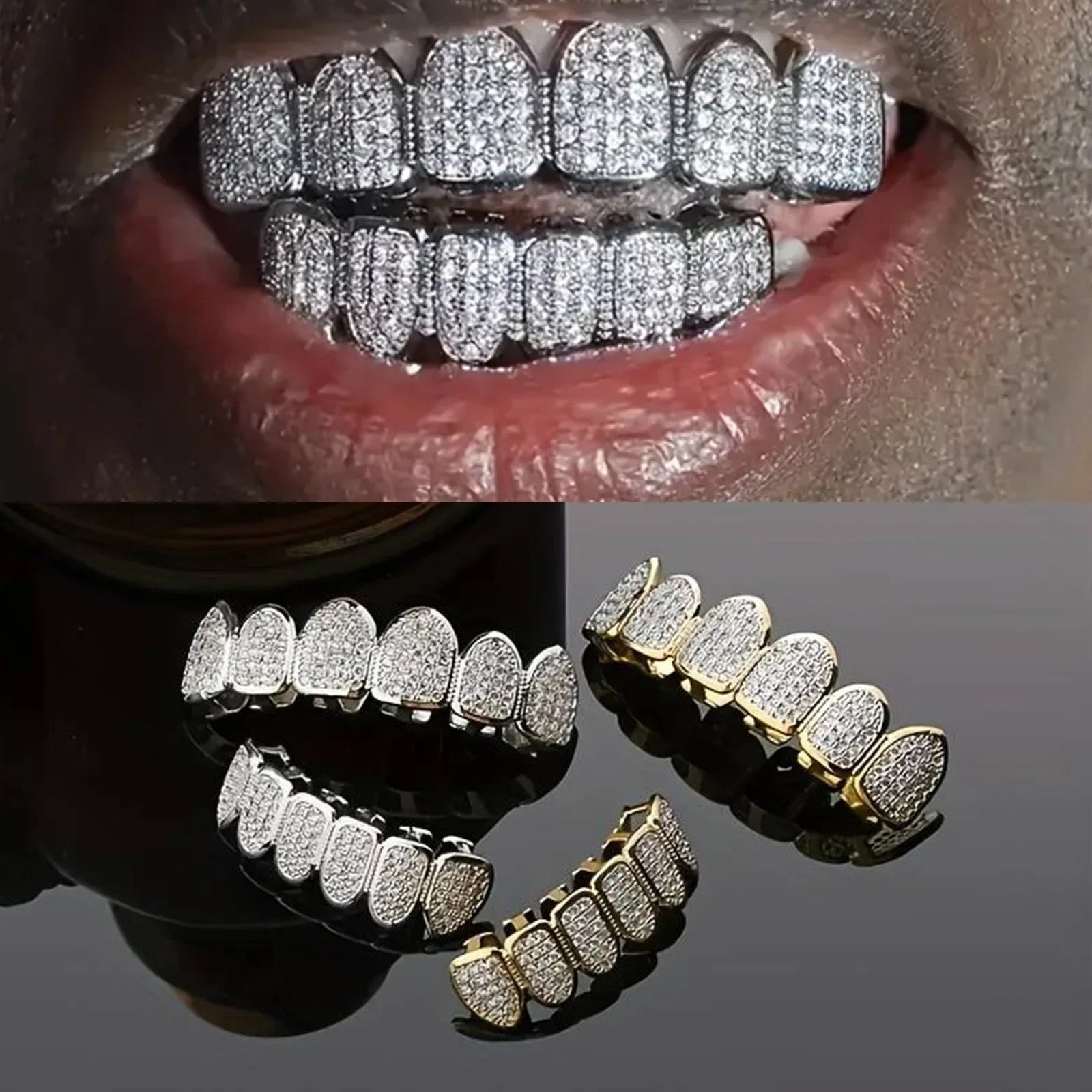 HipHop CZ Teeth Set For Unisex Top Bottom Mouth Gold Silver Color Teeth Tooth Cap Removable Dental Fashion Jewelry