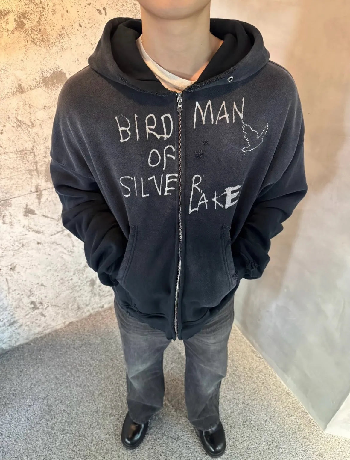 Paly Hollywood 25ss Birdman Medal Rhinestone Zipper Old Damaged Hoodie Jacket