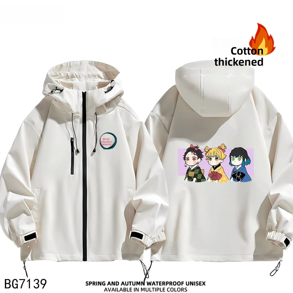 Ruike Men's Thiened Cotton Hooded Jaet Casual Outdoor Waterproof Spring Autumn Winter Anime Ghost Slayer Coat Jaet