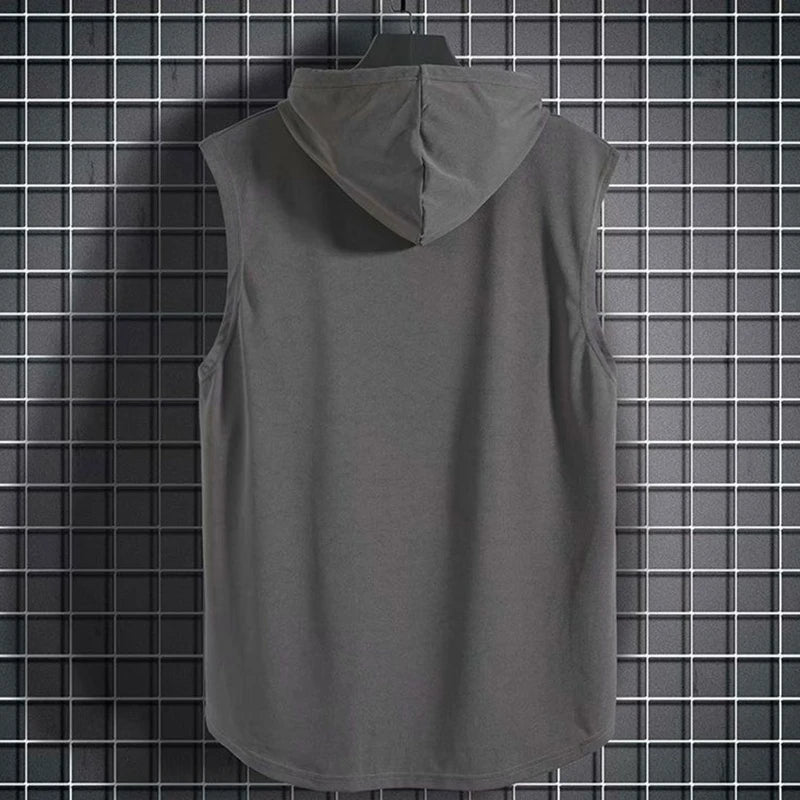 Mens Summer Sleeveless Drawstring Hooded for Tank Top Solid Color Gym Fitness Sports T-Shirt Hip Hop Loose Blouse Vest