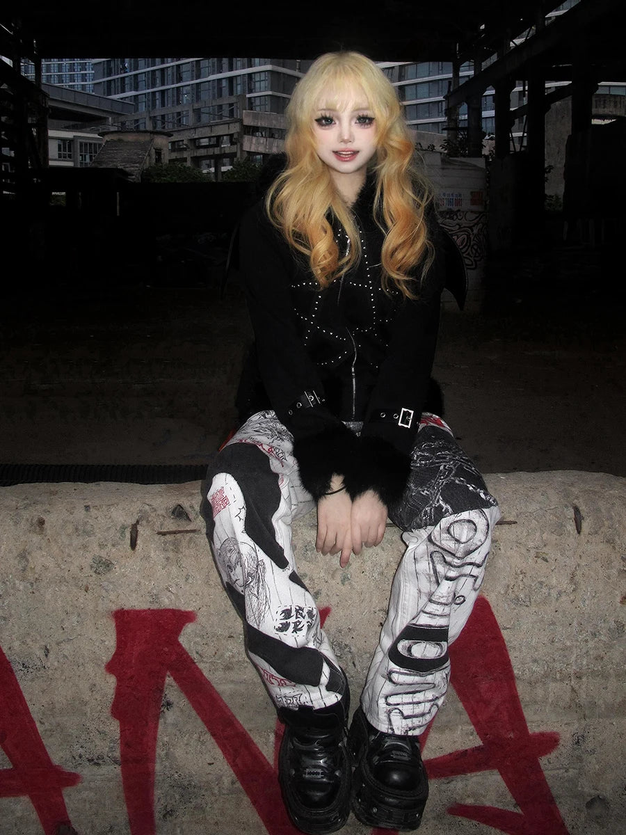 REDDACHiC Anime Graffiti Wide Leg Jeans Street Grunge Remake Paint-Splattered Straight High Waist Denim Pants Gyaru Y2k Bottoms