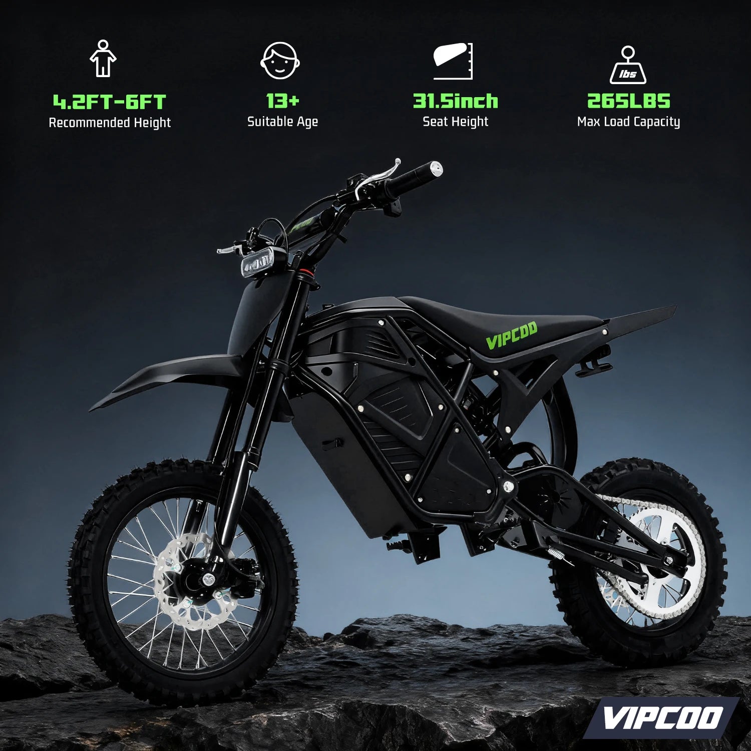 VIPCOO H3 Electric Dirt Bike 3500W 48V23AH Electric Motorcycle Fat Tire Nitrogen Suspension E Dirt Bike for Teens and Adults